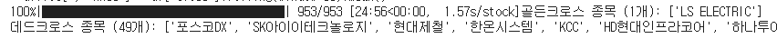 오늘자 골든크로스 추출을 위한 파이썬 코드 실행 결과 화면